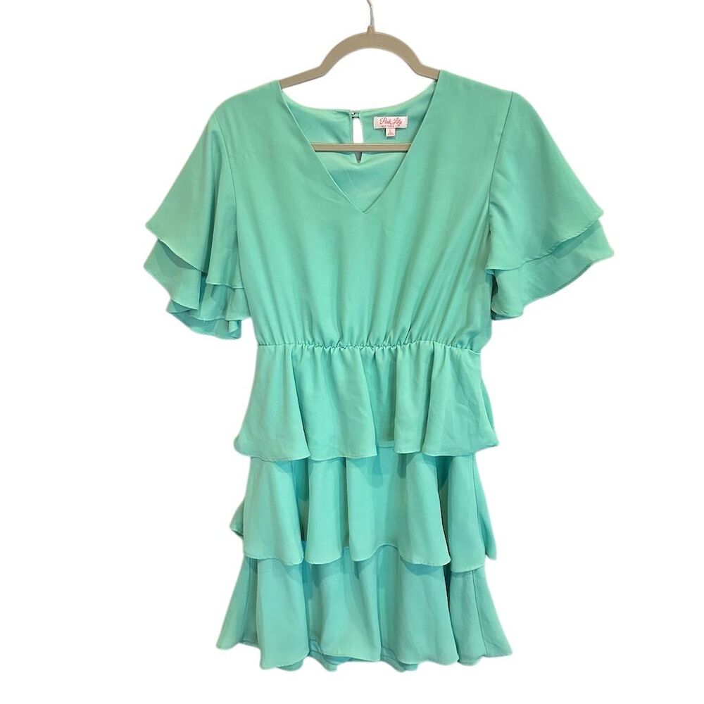 Pink Lily Women's Green Tiered Ruffle Mini Dress Size L Casual